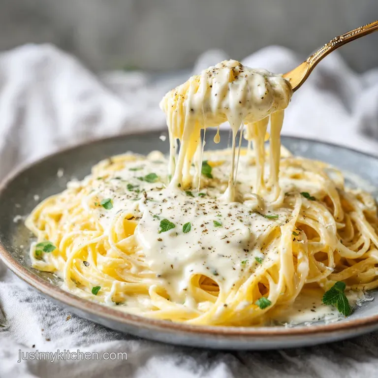 A swirl of rich alfredo sauce embraces al dente fettuccine, topped with grated Parmesan cheese.