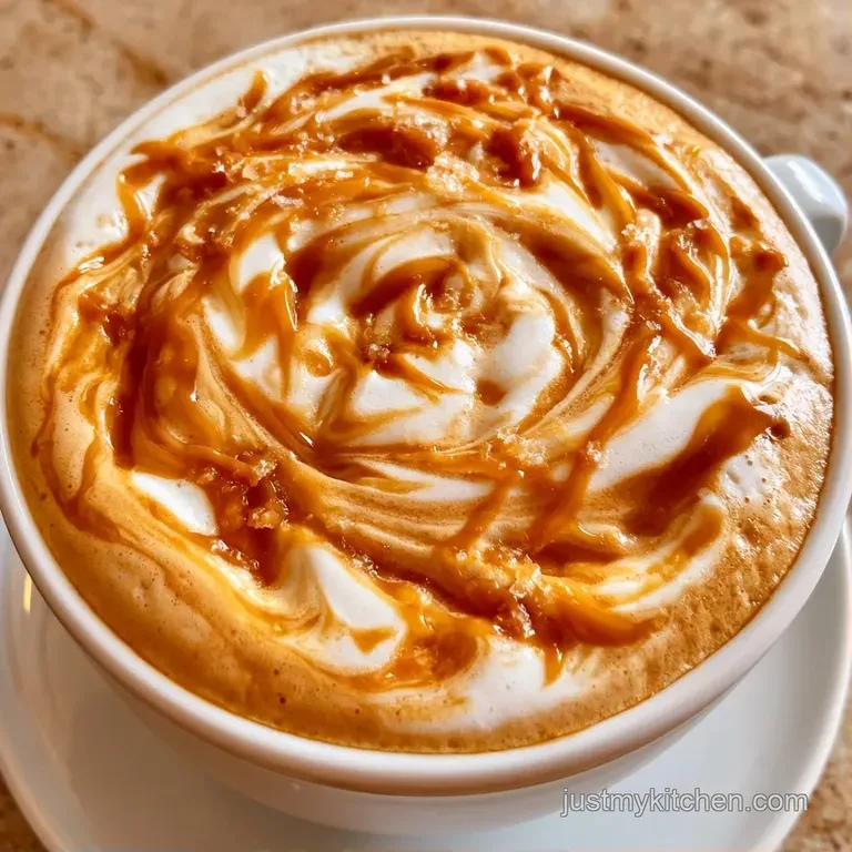 Frothy coffee in a white ceramic cup on a marble tabletop, paired with a cinnamon stick and golden syrup