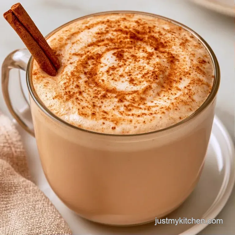 A steamed milky drink in a ceramic cup beside a cinnamon stick and scattered star anise on a linen napkin.