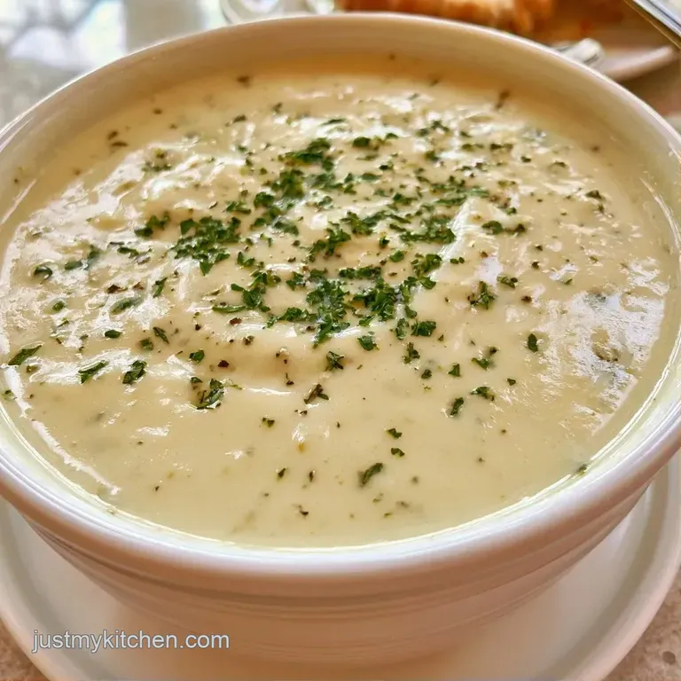 A white ceramic bowl of creamy pale-yellow soup placed on a rustic wooden table with a silver spoon and crusty bread.