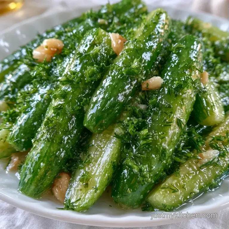 Neatly sliced cucumber rounds stacked on a white ceramic plate, garnished with a sprig of fresh green dill.