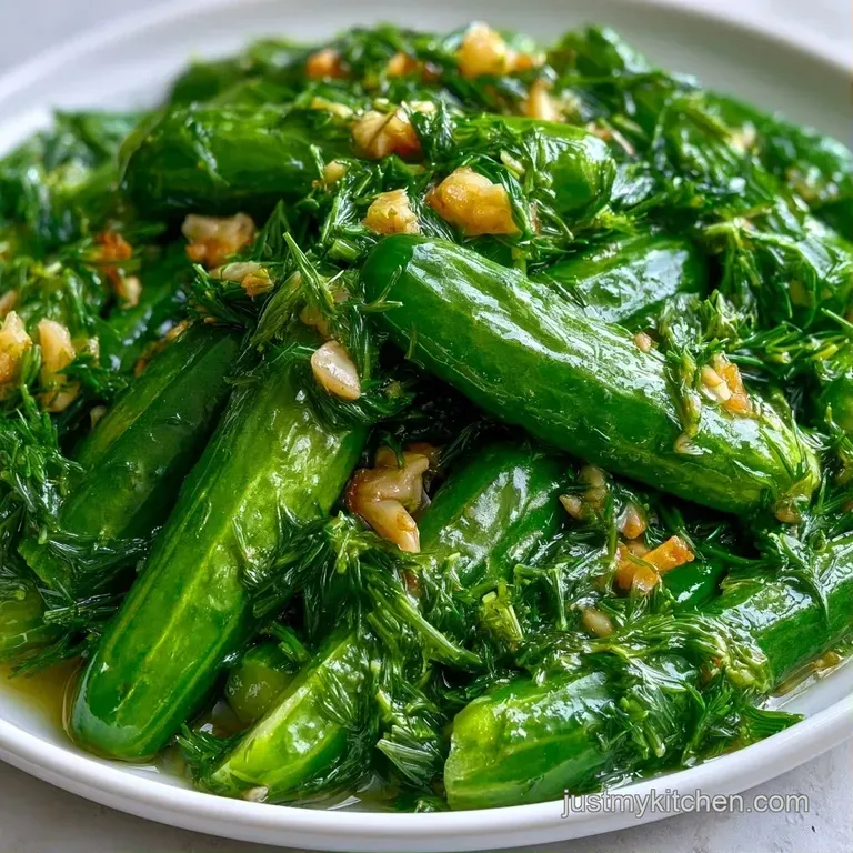 Vibrant green pickle spears arranged on a white ceramic plate with a sprig of fresh dill and peppercorns.