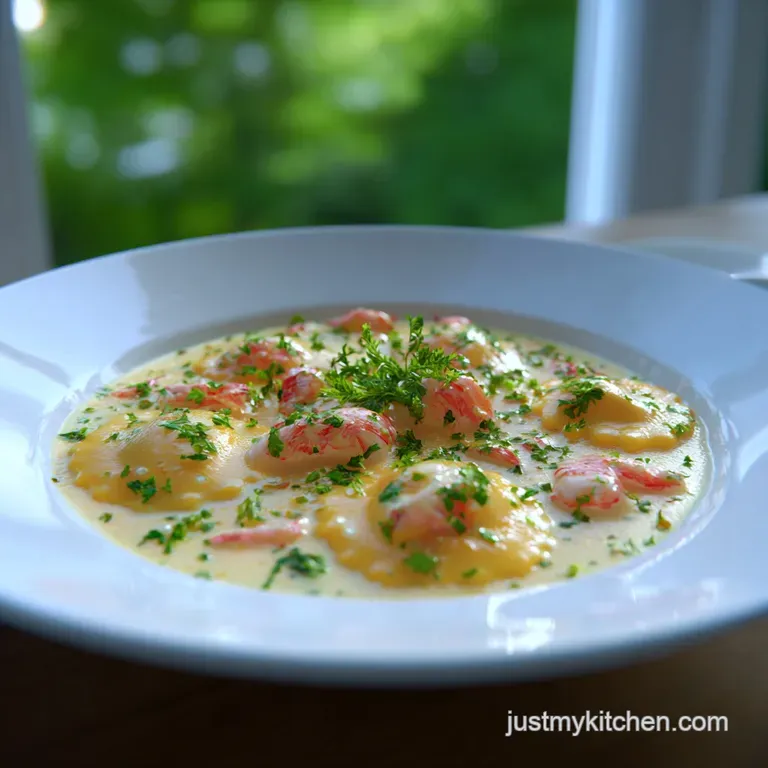Elegant white plate showcasing plump lobster ravioli bathed in a velvety, pale orange sauce.