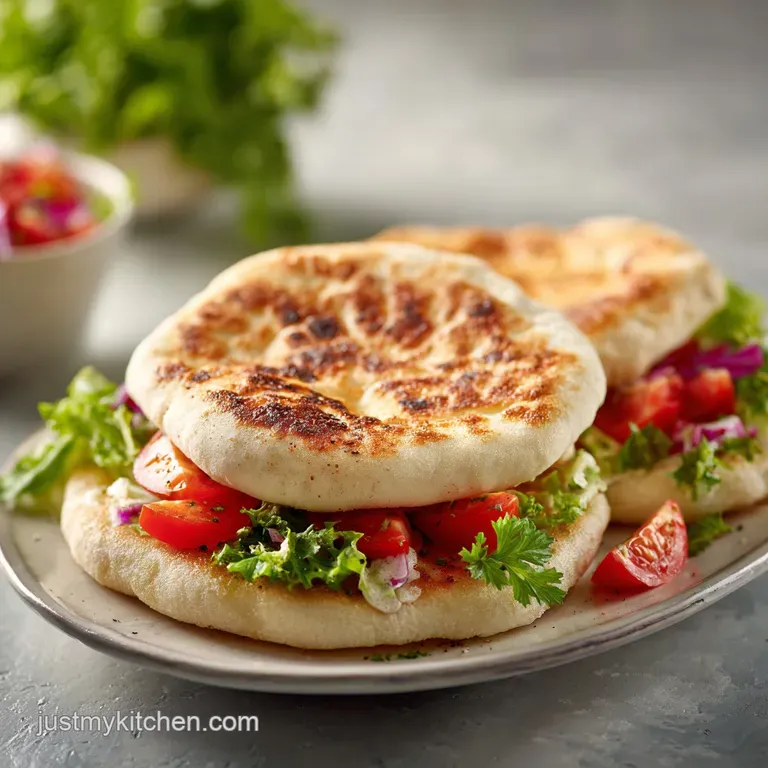 Warm pita pockets, split open to reveal a soft interior, served alongside a vibrant Mediterranean mezze platter.