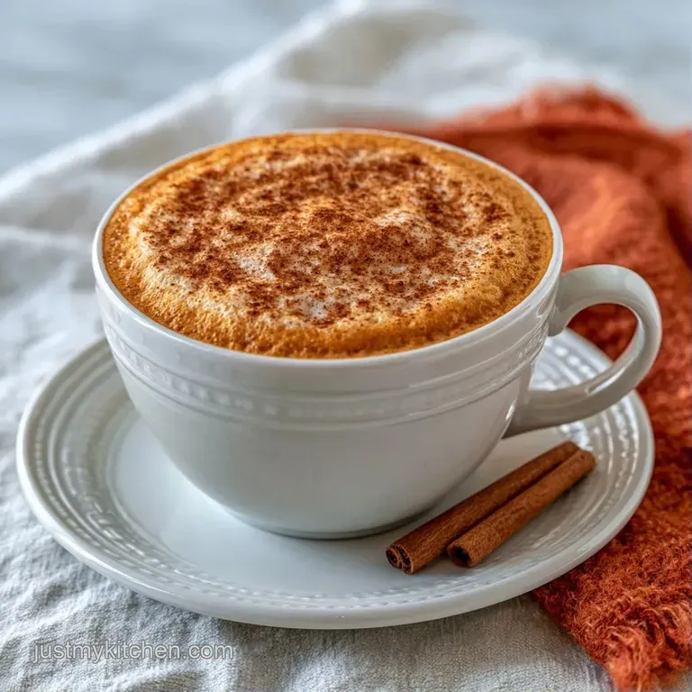 A cozy ceramic mug of orange-hued coffee with frothy foam and a cinnamon stick on a rustic wooden tabletop.