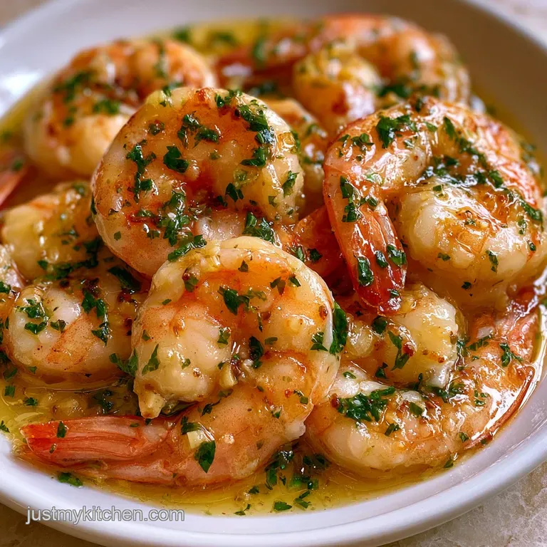 Succulent shrimp in a buttery garlic glaze served over pasta in a white bowl with a sprinkle of fresh herbs.