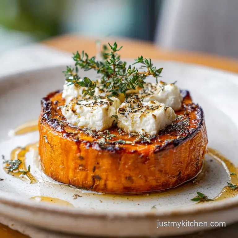 Elegant stack of glazed sweet potato slices with creamy feta, a glistening honey drizzle, and fresh herbs. A light and air...