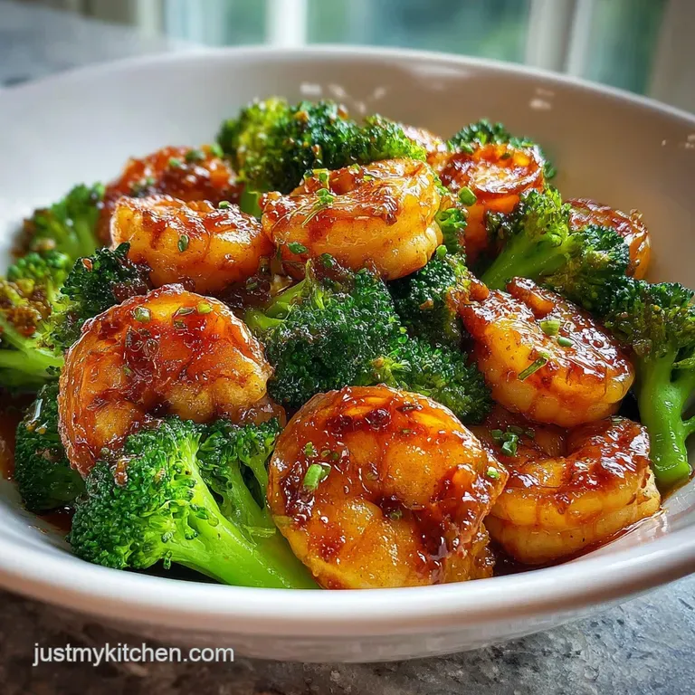 Perfectly plated honey garlic shrimp and broccoli. Shiny, plump shrimp contrast with the vibrant green of the broccoli.
