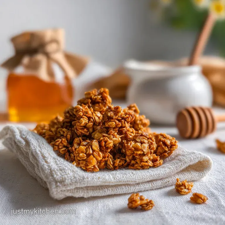Neatly stacked honey granola clusters in a small rustic bowl. Lightly dusted with confectioner's sugar, inviting and subtl...