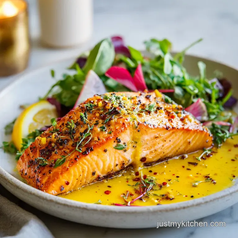A perfectly seared salmon fillet glistens beside vibrant asparagus spears; honey mustard sauce pools on the white plate.