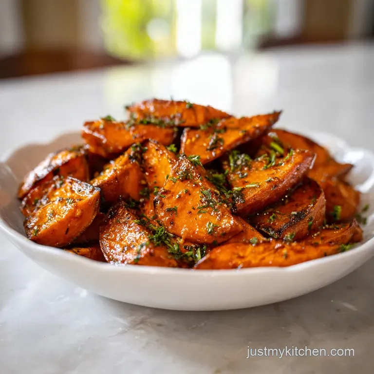 Honey-glazed sweet potato wedges artfully arranged on a white plate, glistening under warm light, inviting and flavorful.