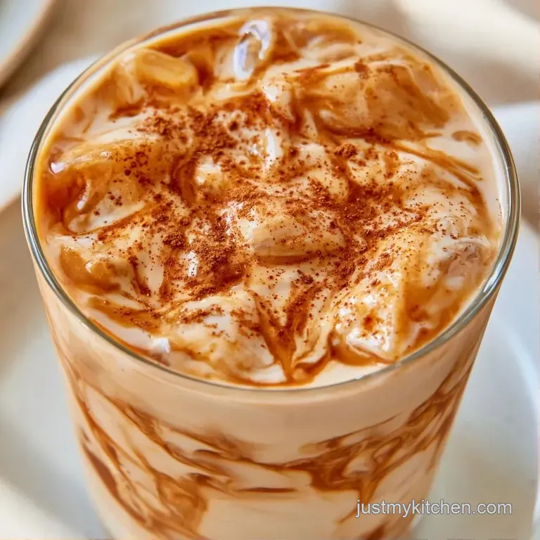 A chilled glass filled with marbled coffee and milk, set on a wooden coaster with a cinnamon stick garnish.