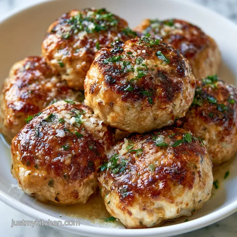 Three seared meatballs resting on a swirl of velvet cream sauce on a white ceramic plate with a sprig of thyme.