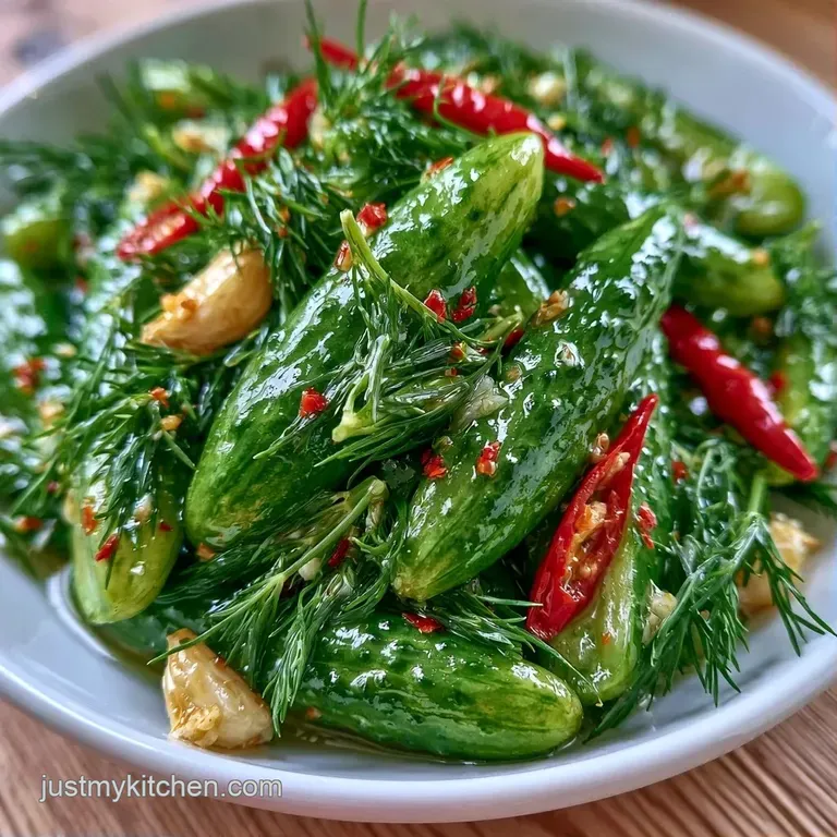 Sliced green pickle spears arranged on a white ceramic platter with a sprinkle of fresh dill and black peppercorns.