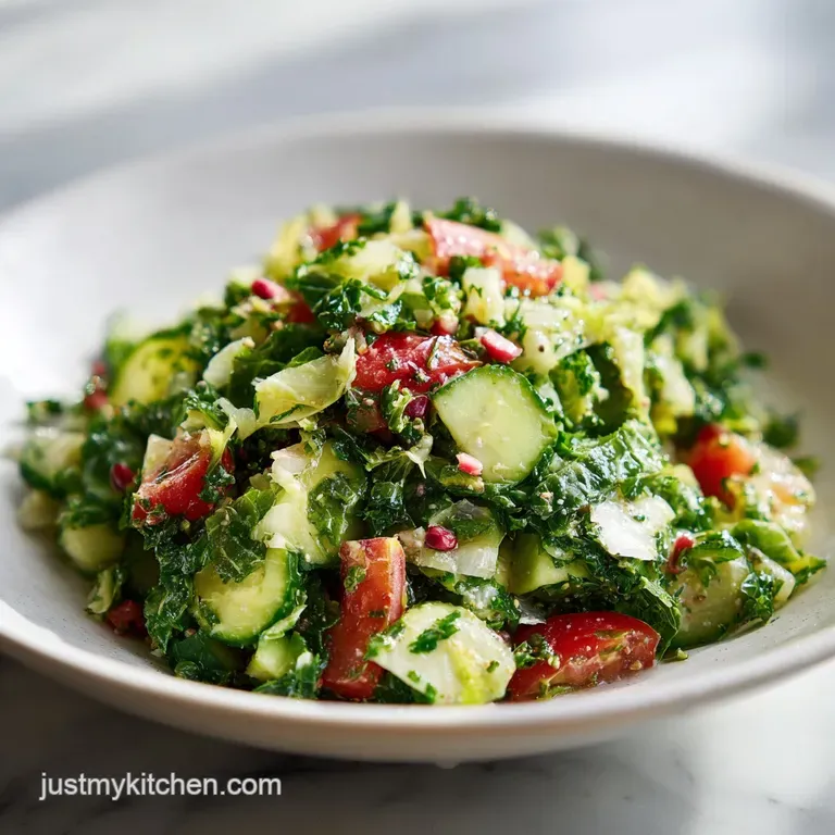 Artfully plated chopped salad with colorful rows of crisp vegetables, cheese, and salami, drizzled with glistening dressing.
