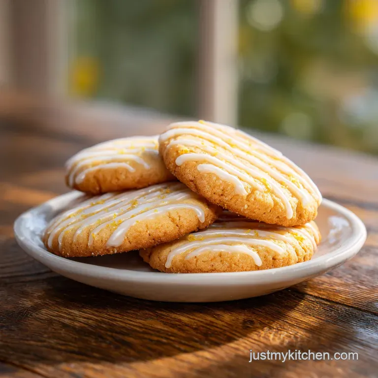 Delicate lemon cookies artfully arranged on a white plate, the creamy glaze catching the light. Simple elegance for a swee...