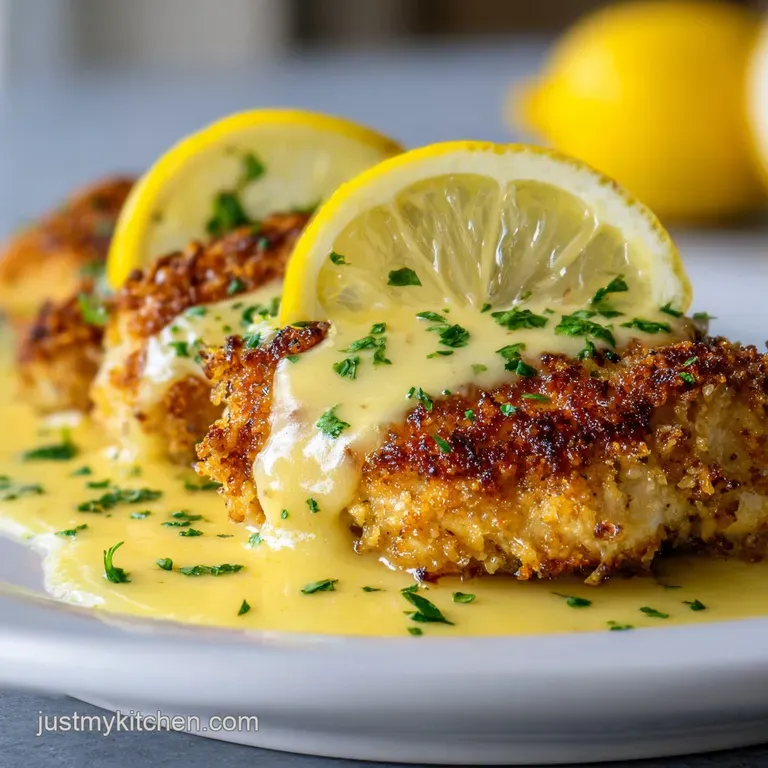 Plated chicken in lemon sauce, showcasing the creamy texture and bright lemon zest. A sophisticated and flavorful dish.