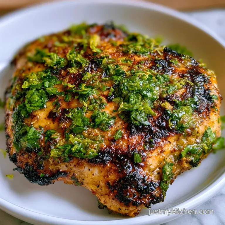 Juicy seared chicken breast topped with vibrant green herbs and a slice of zesty lime on a minimalist slate plate.