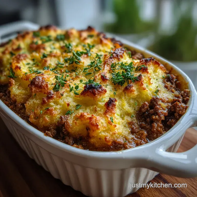 Individual shepherd's pie with light, fluffy cauliflower topping, herbs & steam hinting warmth on a dark plate.