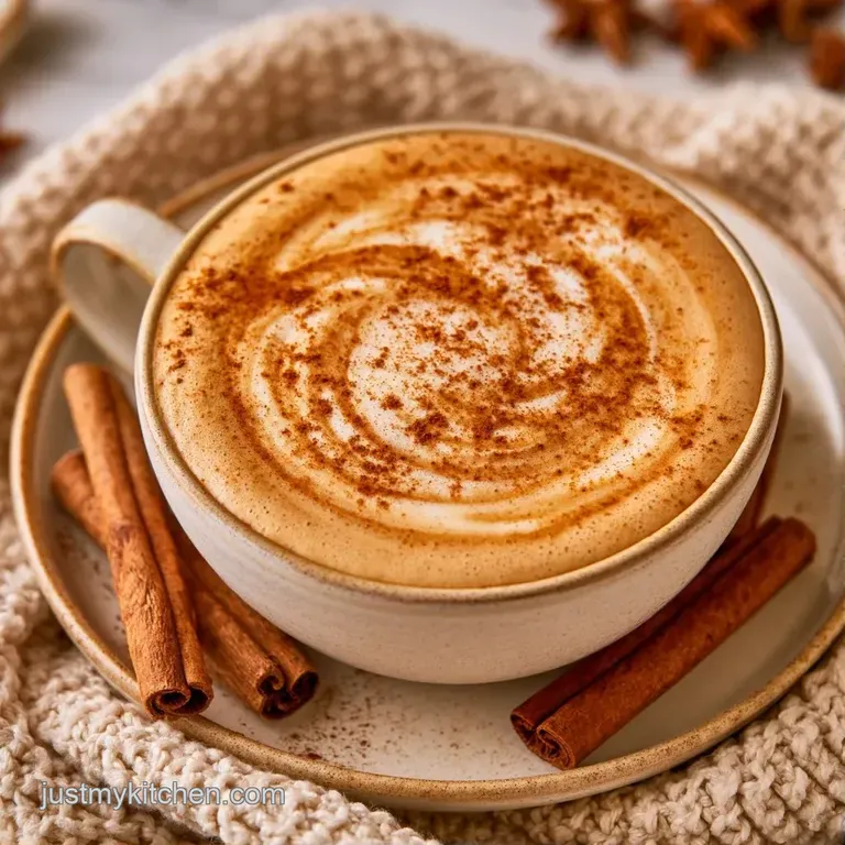 Frothy coffee in a glass mug on a wooden tray with a cinnamon stick and a small bowl of brown sugar crystals.