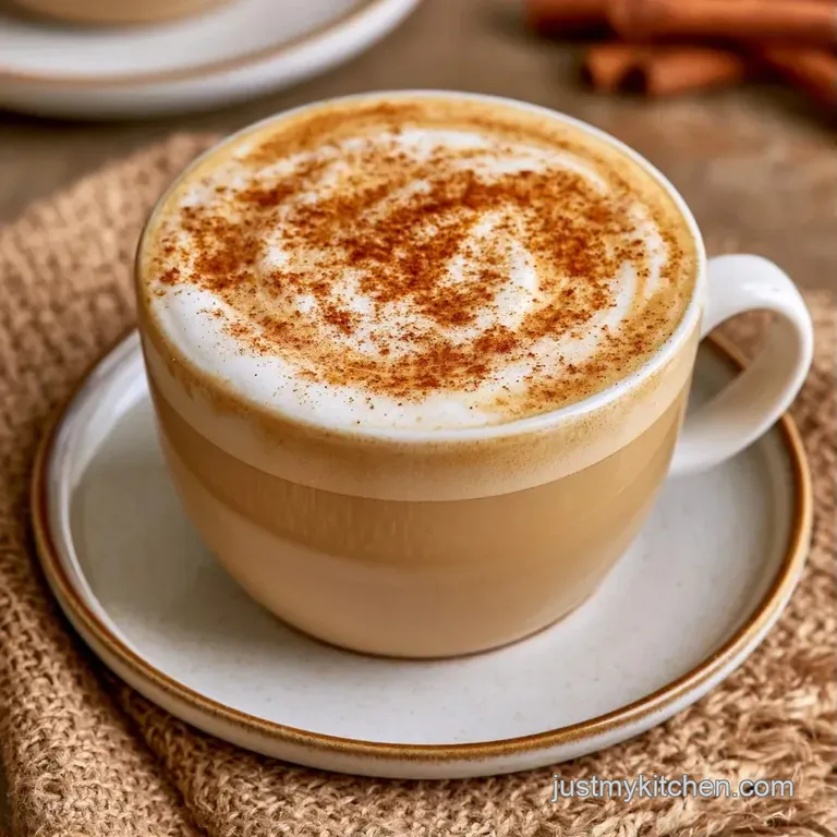 Warm latte in a clear glass mug beside a cinnamon stick and a small maple syrup pitcher on a cozy wooden table.