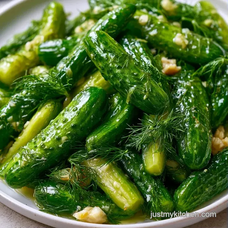 Crisp green pickle spears arranged neatly on a white ceramic plate, garnished with a tiny sprig of fresh, bright dill.