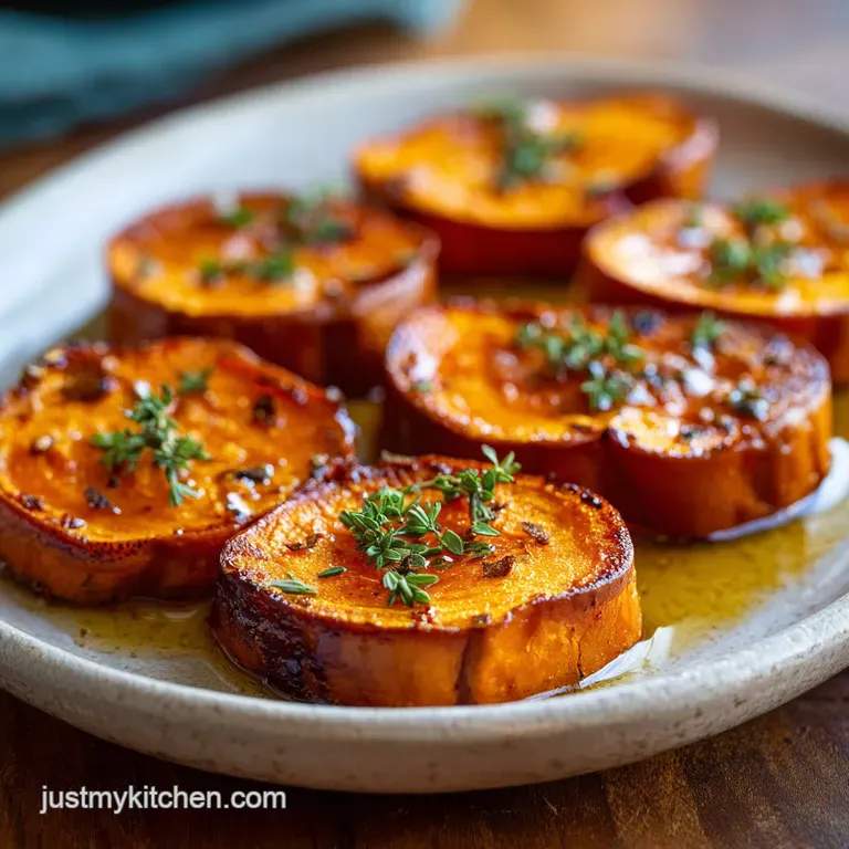 Individual serving of glazed sweet potatoes with toasted pecans, reflecting light, with a sprig of fresh rosemary for color.