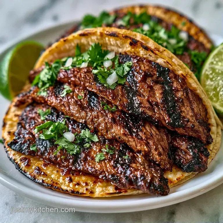 Four vibrant tacos lined up on a ceramic platter with sliced lime wedges and a side of creamy green guacamole.