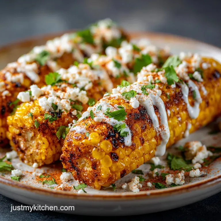Grilled corn on the cob served on a dark platter with lime wedges and fresh green cilantro sprigs scattered around.