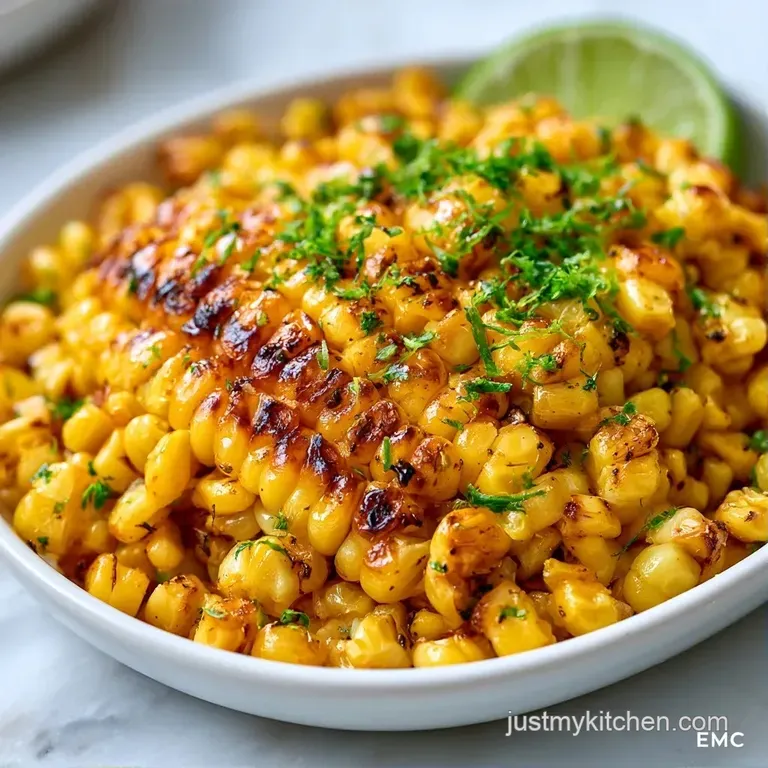 Vibrant charred corn and white crumbled cheese in a ceramic bowl, garnished with cilantro and lime wedges.