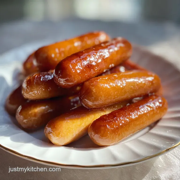 A small white bowl filled with saucy Little Smokies, the dark sauce contrasting with the bright green parsley garnish. Tem...