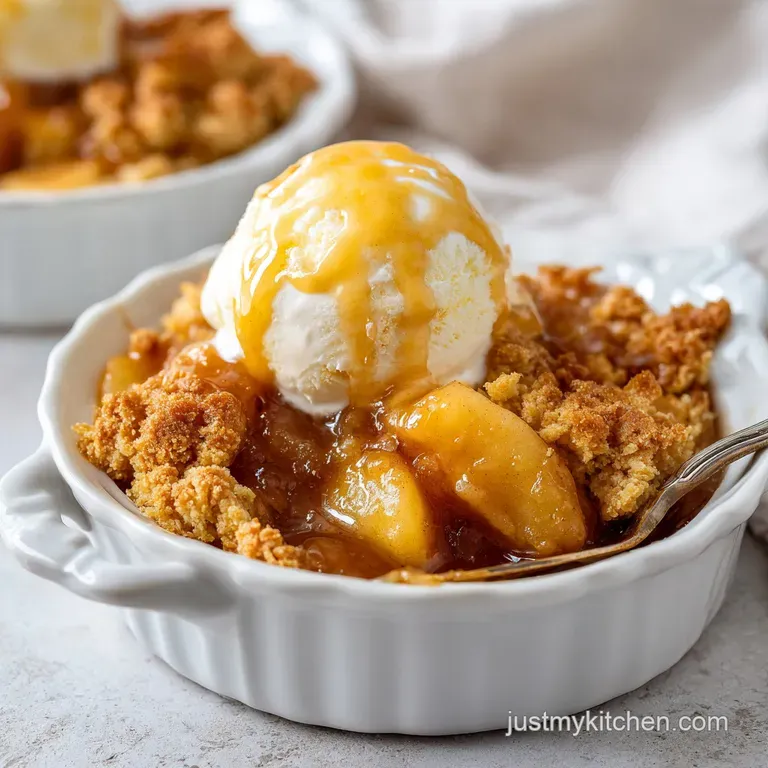 A scoop of baked apple cobbler with tender fruit, artfully plated with a dollop of cream.