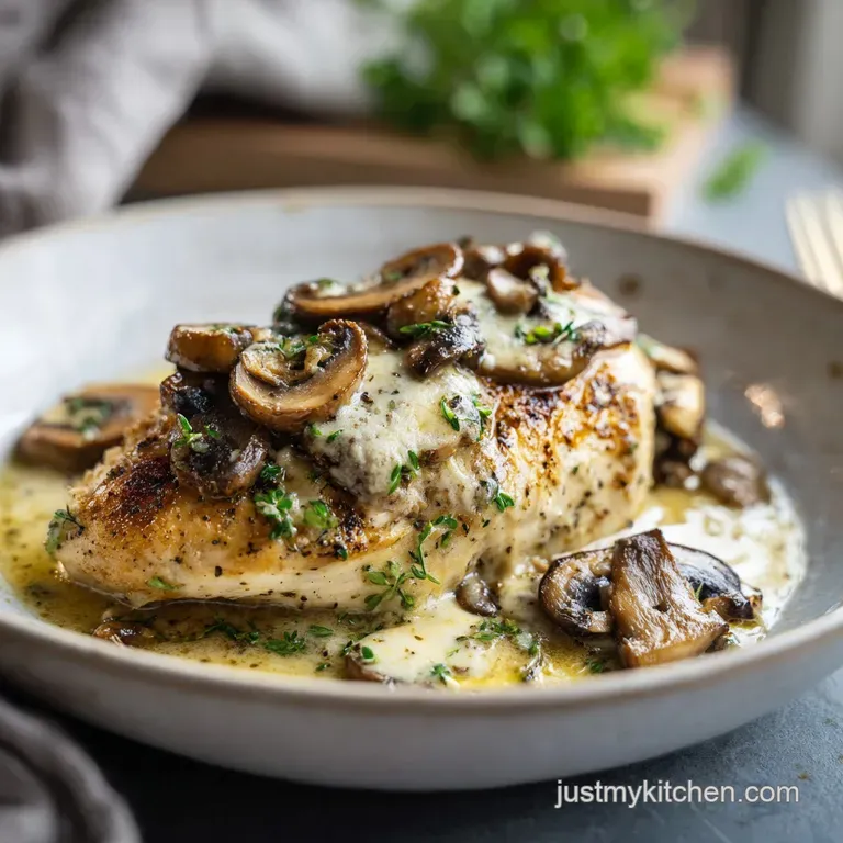 Tender chicken breast smothered in creamy mushroom sauce and melted cheese on a white plate; inviting and warm.