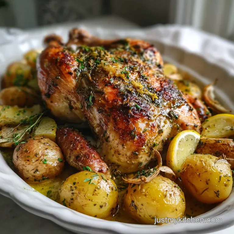 Perfectly roasted chicken portion, skin glistening, nestled with fragrant herbs, bright lemons, and golden potatoes on a p...