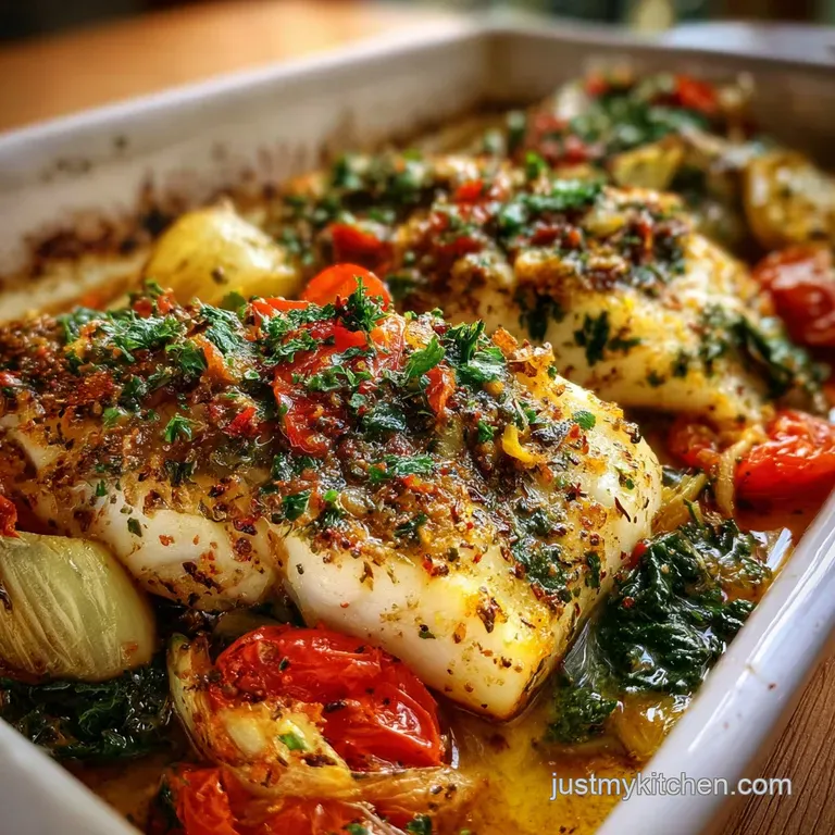 A glistening portion of baked fish served with roasted vegetables, herbs, and a lemon wedge. Steaming and appetizing, a co...