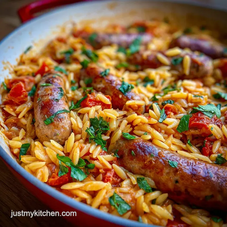 Creamy orzo and sausage nestled in a bowl, brightened with fresh parsley and a swirl of olive oil, tempting steam rising.