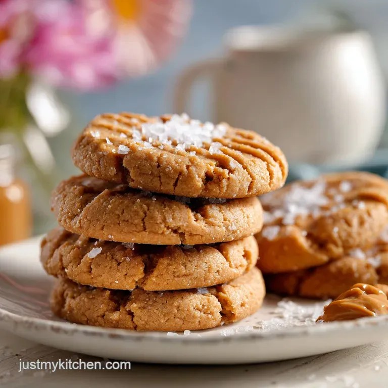 A stack of three peanut butter cookies with coarse sea salt flakes served on a white plate, highlighting the cookies' crac...