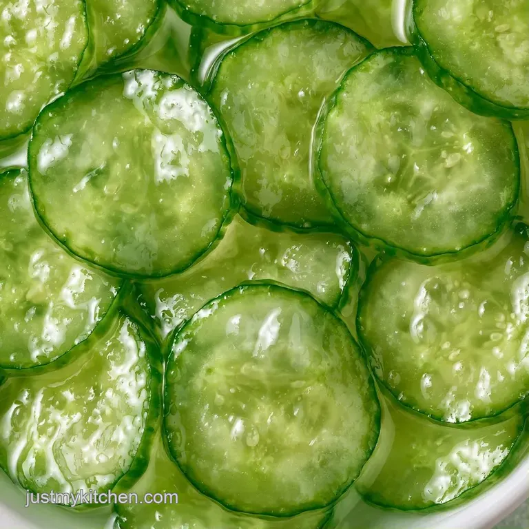 Translucent green cucumber rounds elegantly layered on a white plate, glistening with a light vinegar glaze.