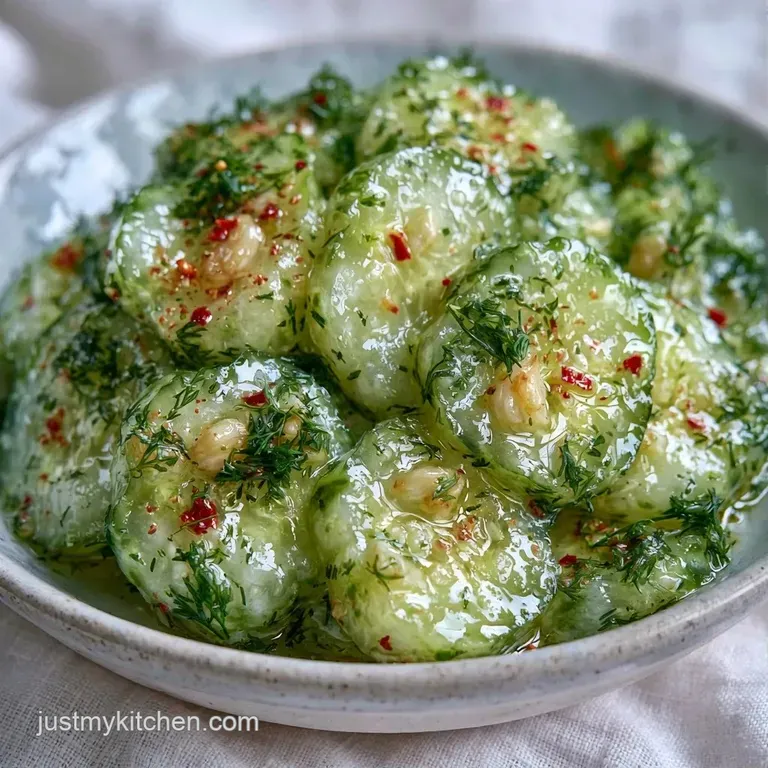Thinly sliced, translucent green pickles arranged in a neat pile on a ceramic white plate beside a fresh dill sprig.