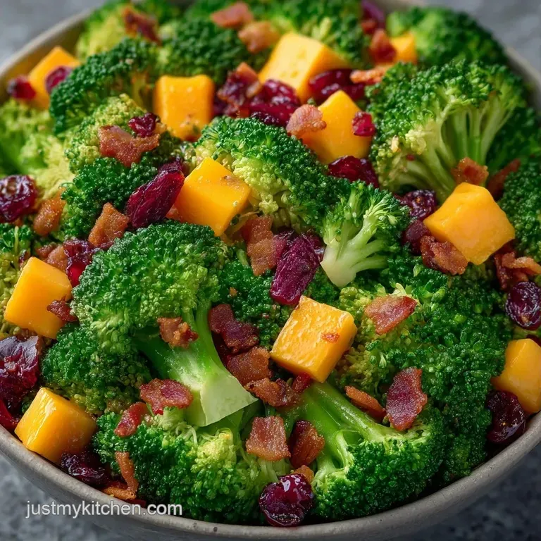 Colorful medley of fresh broccoli, red onion, and dried cranberries served in a white ceramic bowl on a linen cloth.