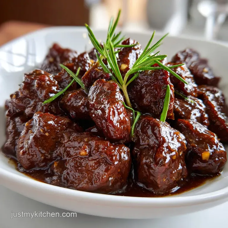 Plump chunks of seared beef smothered in a velvety brown sauce, plated elegantly over creamy mashed potatoes.