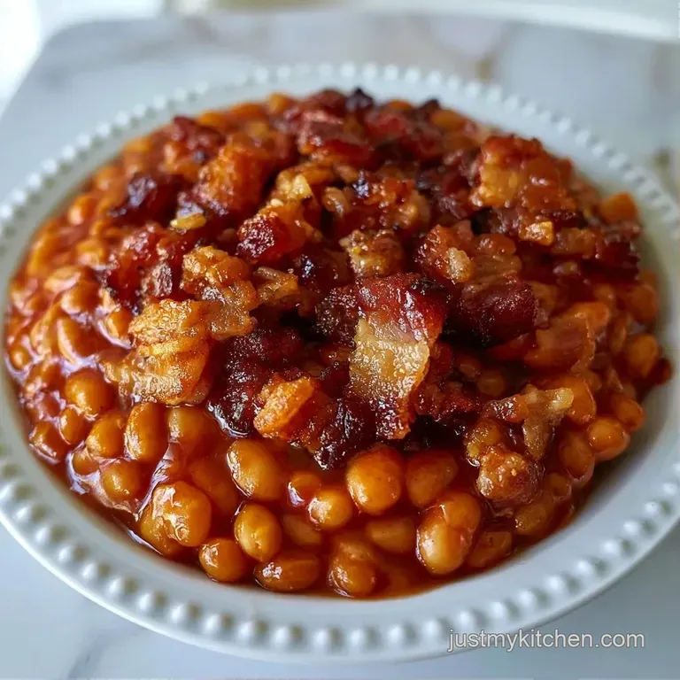 Savory brown beans in a clean white bowl, topped with golden crispy bacon bits and a sprinkle of fresh parsley.