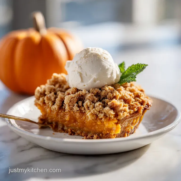 A golden slice of pumpkin pie crisp with a dollop of cream, served on a white plate.