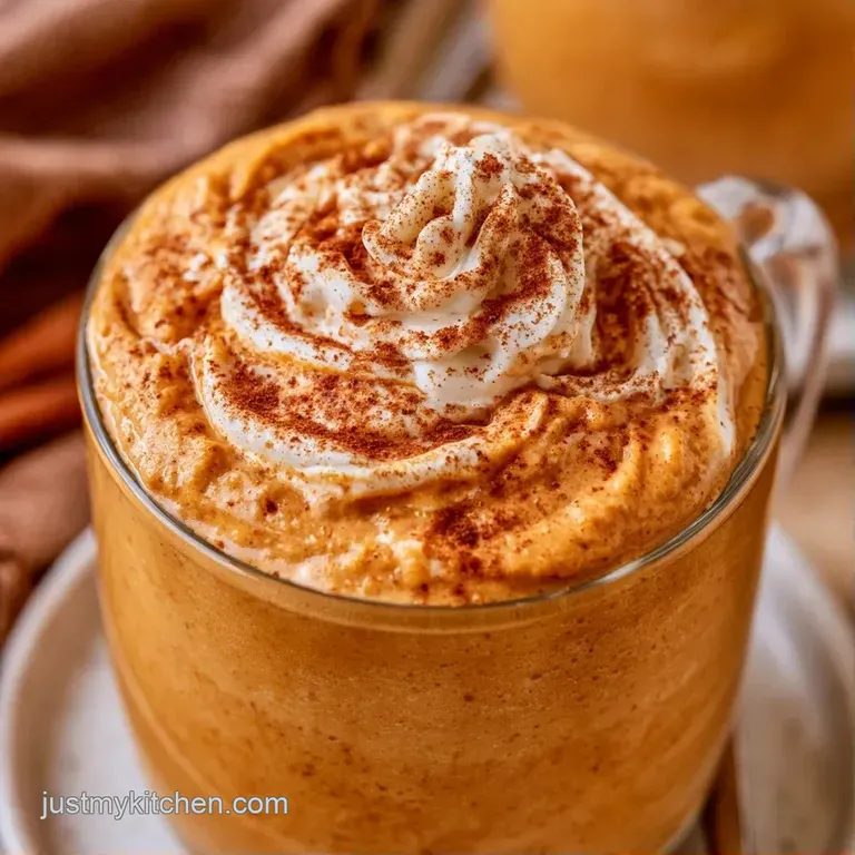 Chilled orange-hued beverage in a sleek glass with a fluffy cream peak on a rustic wooden surface with cinnamon.