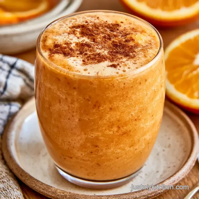 Frosty glass of orange-hued beverage beside cinnamon sticks and a dusting of spices on a white marble surface.