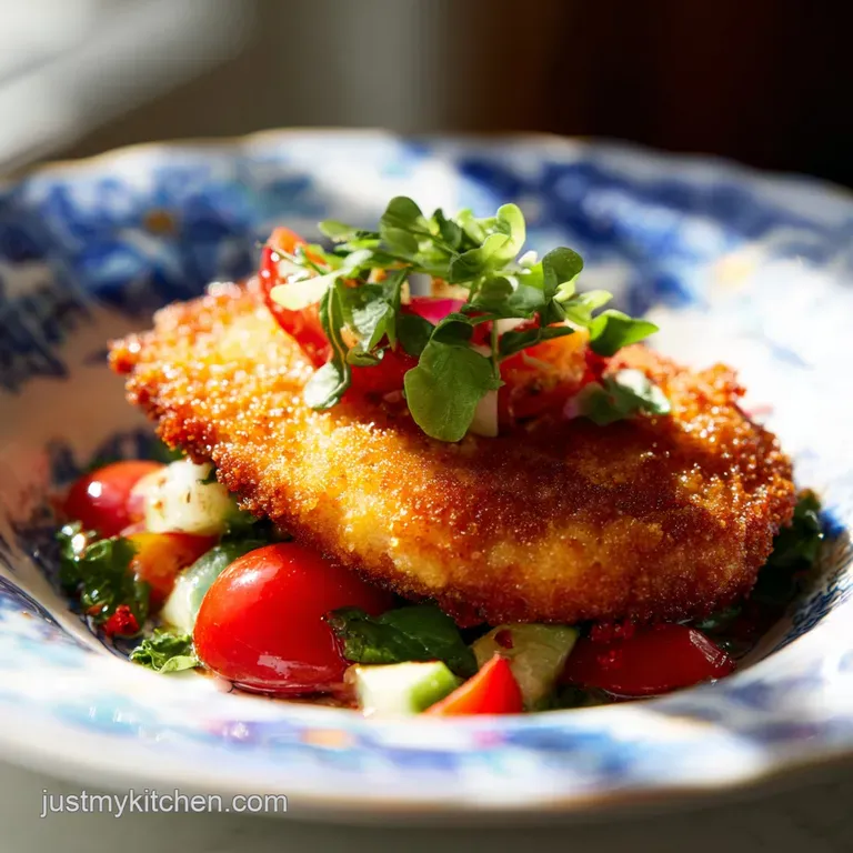 A juicy chicken Milanese served on a white plate. Topped with greens, red onions and tomatoes, drizzled with a lemon vinai...