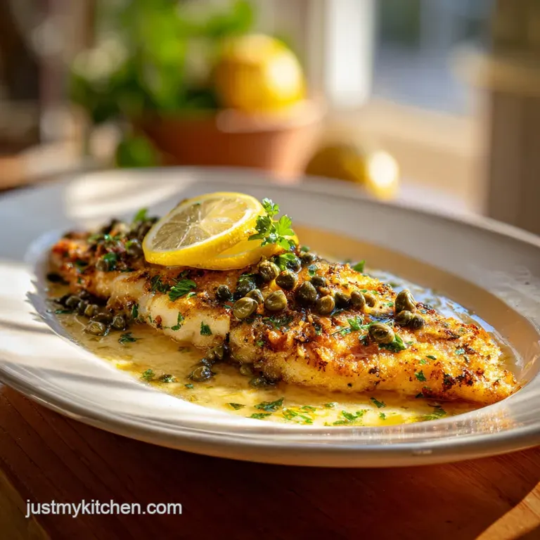 Close-up of cod piccata plated beautifully, showcasing the juicy fish, tangy sauce, and vibrant green herbs. Steam rising.