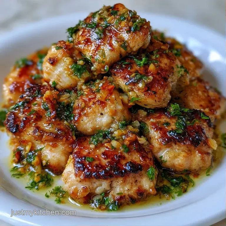 Saut&eacute;ed chicken morsels arranged neatly on a ceramic plate, drizzled with oil and topped with bright green herbs.