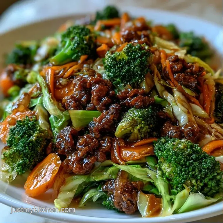 Colorful beef and vegetable medley served in a white ceramic bowl over fluffy, steamed white jasmine rice.