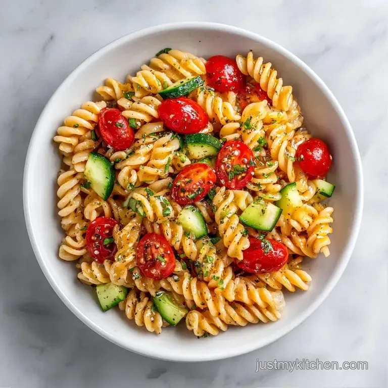 Vibrant pasta tossed with crisp bell peppers and creamy feta cubes served in a clean white ceramic bowl.